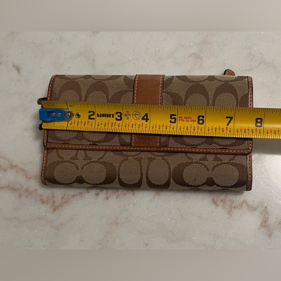 COACH Brown Monogram Fold Over Wallet - 3 Bill Pocket, Zip Pocket, 12 Card Slots - Picture 7 of 11